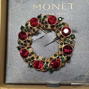 Monet gold tone red and green rhinestone brooch